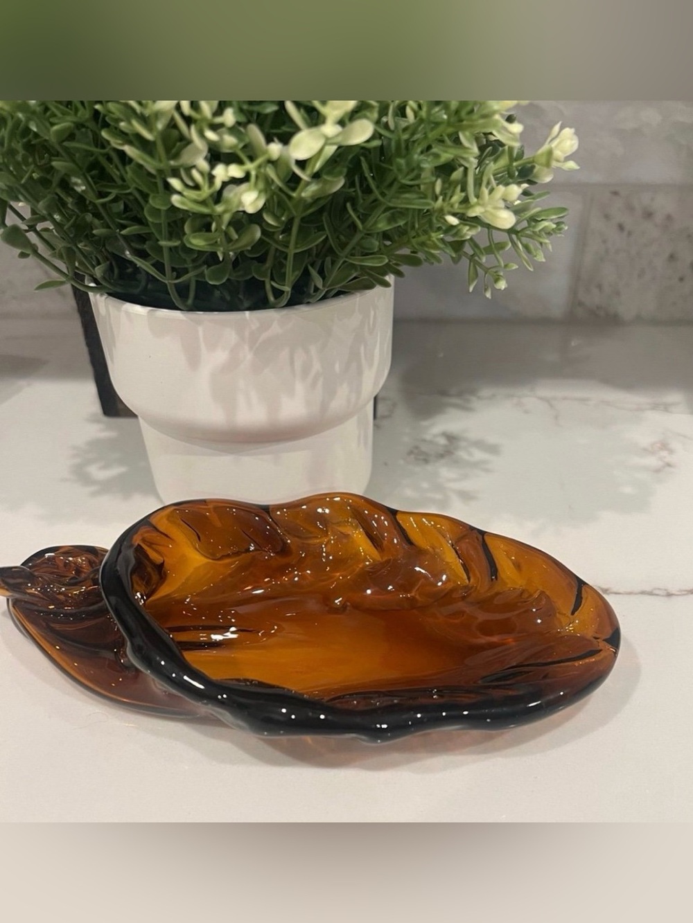 Mid century modern Amber Glass cornucopia Leaf Decorative Dish , ashtray , candy